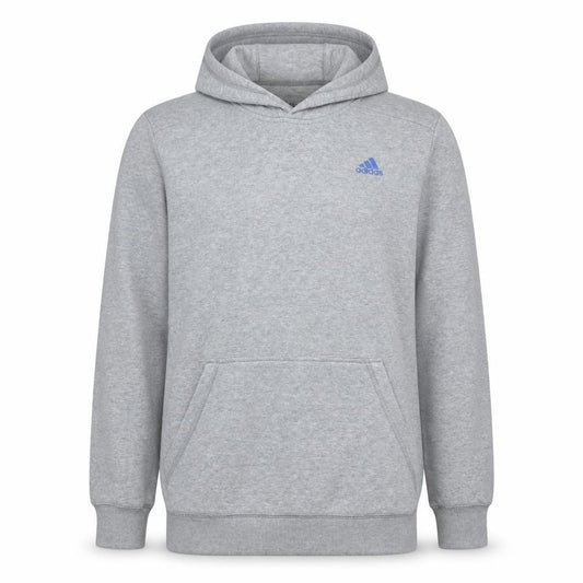 Front view of Adidas Men's Grey Pullover Hoodie Regular Fit, size M, Essentials