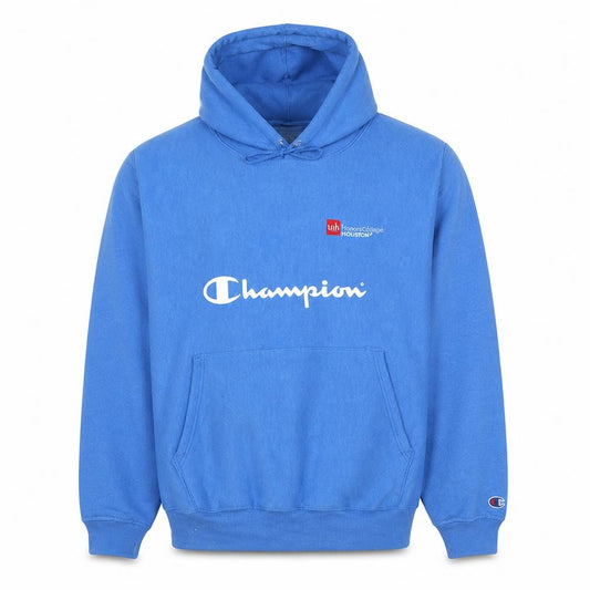 Front view of Champion Men's Blue Pullover Hoodie M Fleece Logo Sweatshirt