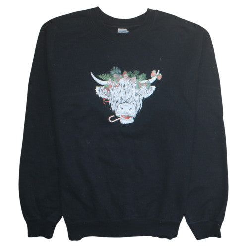 Gildan Women's Black Medium Pullover Sweatshirt Highland Cow Print