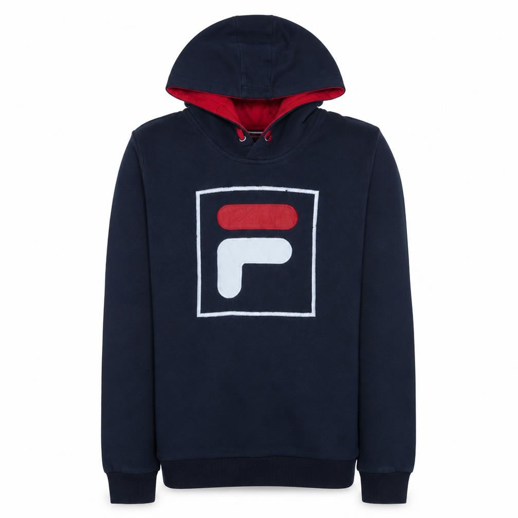 Front view of Fila boys’ blue pullover hoodie, size 152, logo hooded sweatshirt