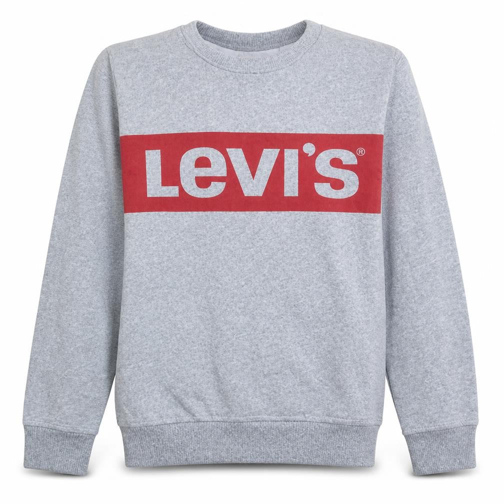 Front view of Levi's boys’ grey logo pullover sweatshirt, size 14, years crew neck