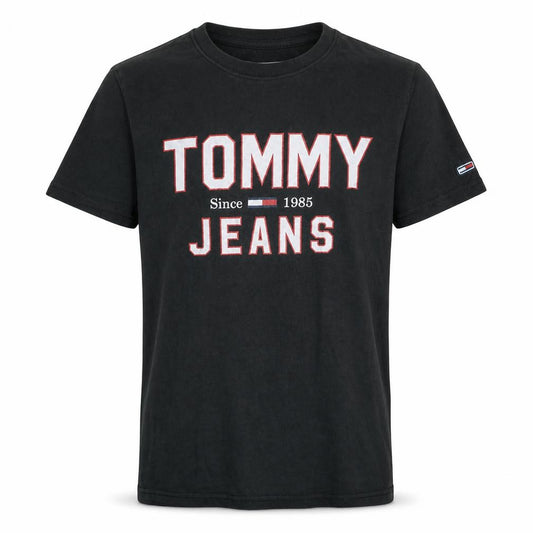 Front view of Tommy Jeans men’s black small graphic short sleeve crew neck t-shirt