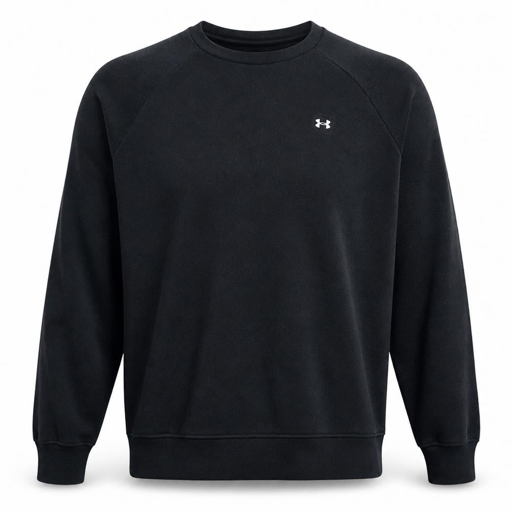 Front view of Under Armour men’s black large crew neck sweatshirt fleece pullover