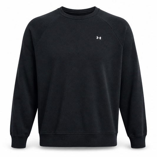 Front view of Under Armour men’s black large crew neck sweatshirt fleece pullover