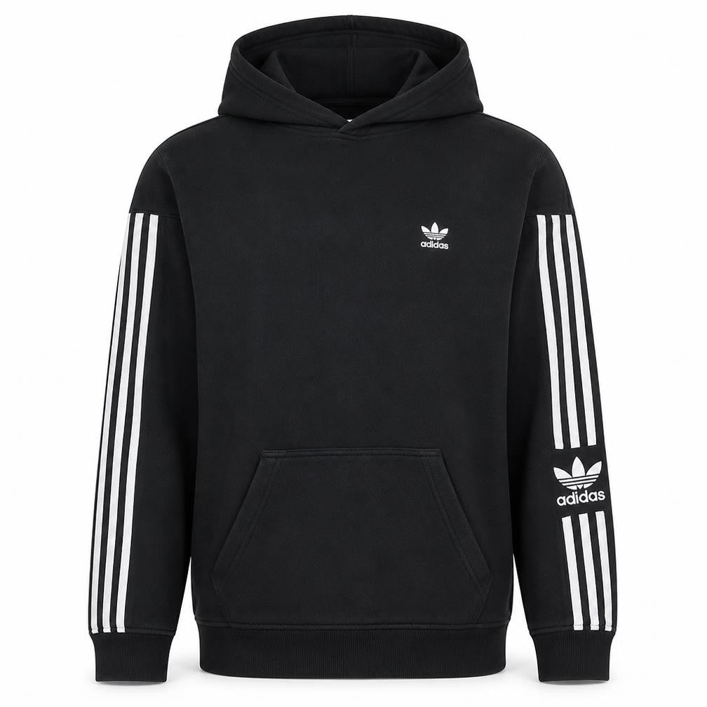 Front view of Adidas Men's Black Pullover Hoodie Small Logo 3-Stripes Fleece