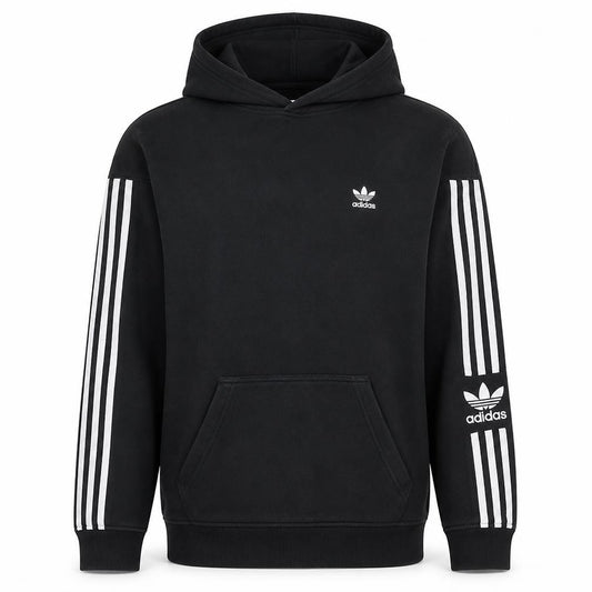 Front view of Adidas Men's Black Pullover Hoodie Small Logo 3-Stripes Fleece
