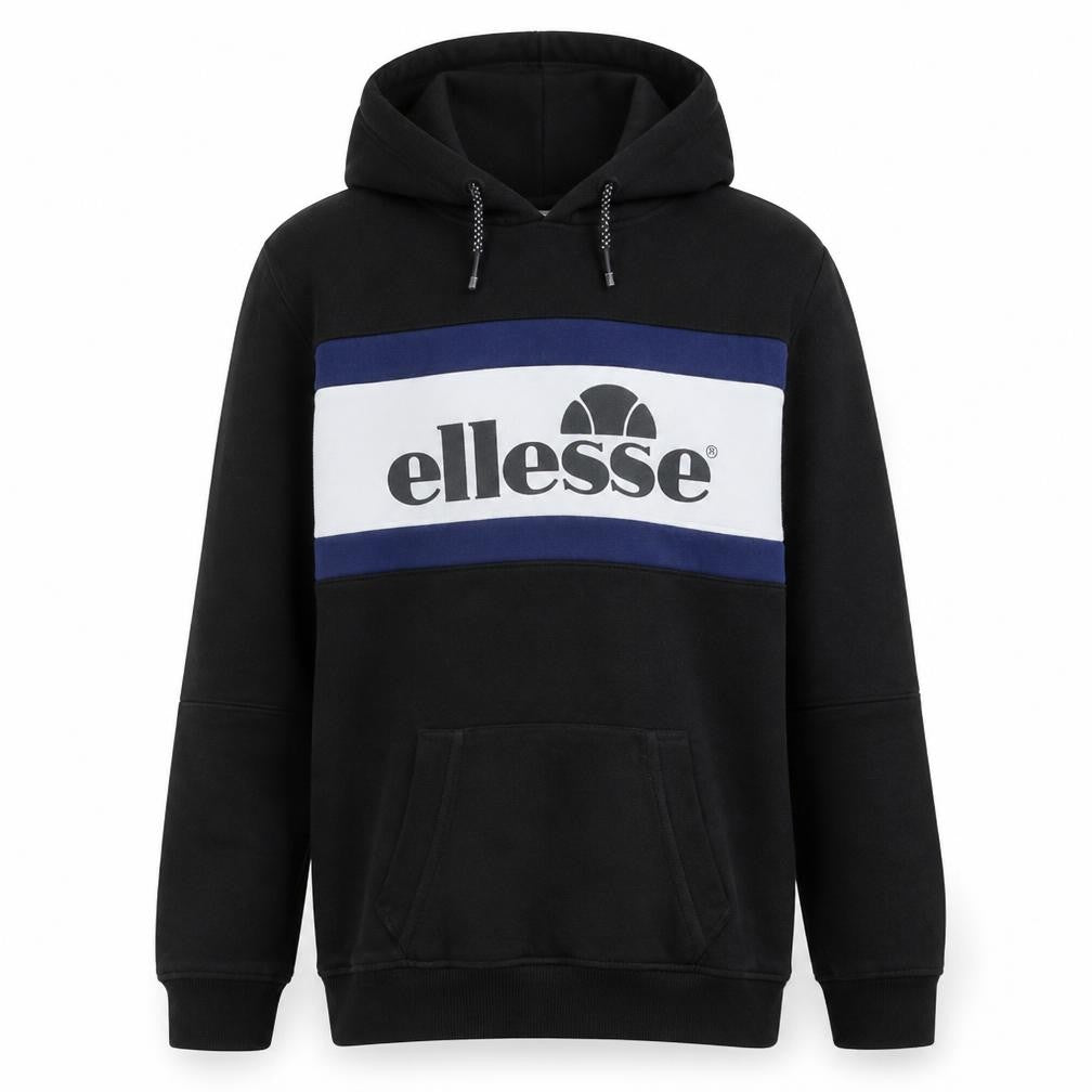 Front view of Ellesse boys’ black pullover hoodie 14 years logo fleece sweatshirt