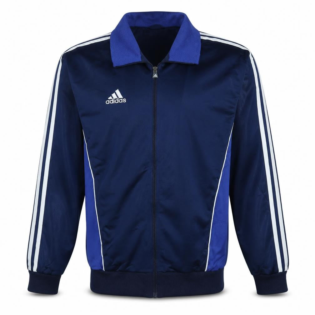 Front view of Adidas Men's Blue Track Jacket, size M, Vintage 1999 Full Zip