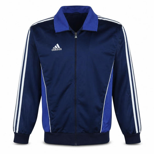 Front view of Adidas Men's Blue Track Jacket, size M, Vintage 1999 Full Zip