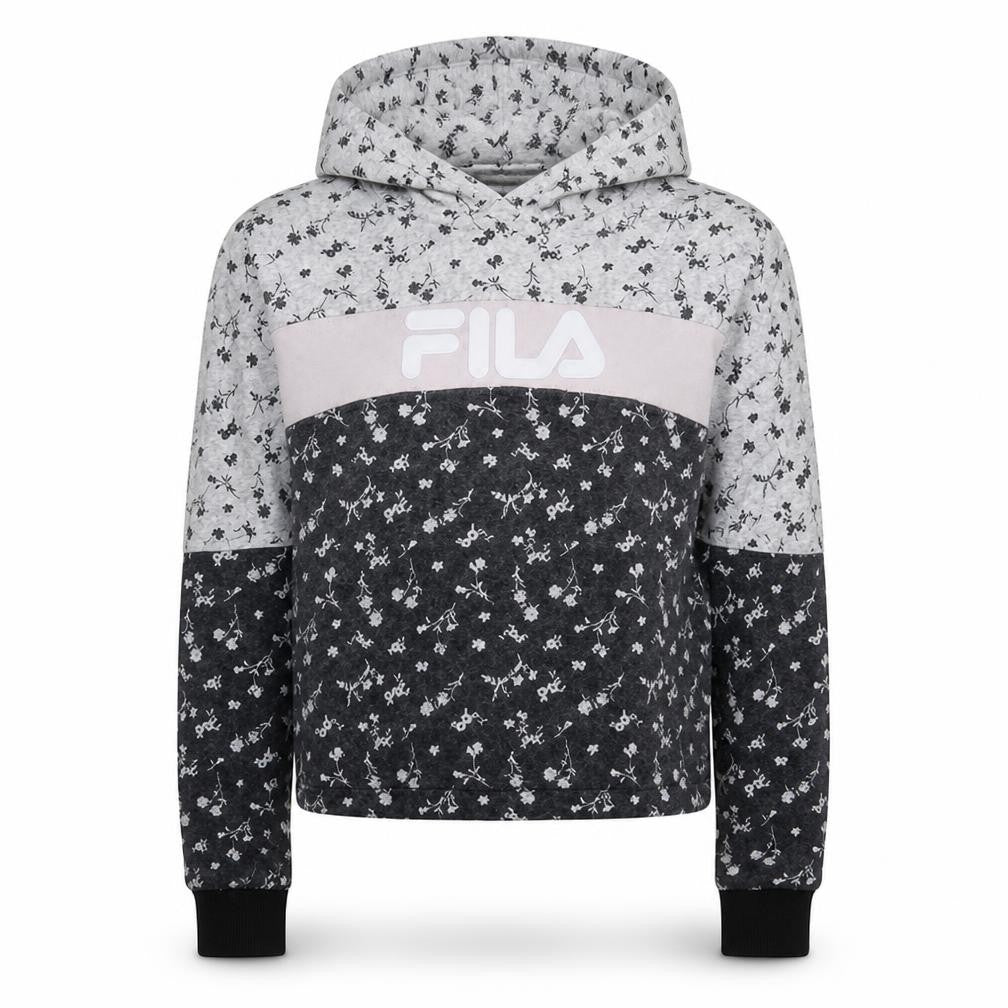 Front view of Fila women’s grey floral logo pullover hoodie, size L