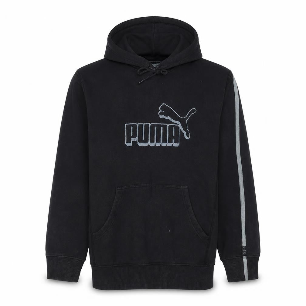 Front view of Puma Men's Black Pullover Hoodie L Regular Fit Fleece Sweatshirt