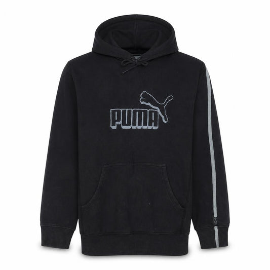 Front view of Puma Men's Black Pullover Hoodie L Regular Fit Fleece Sweatshirt