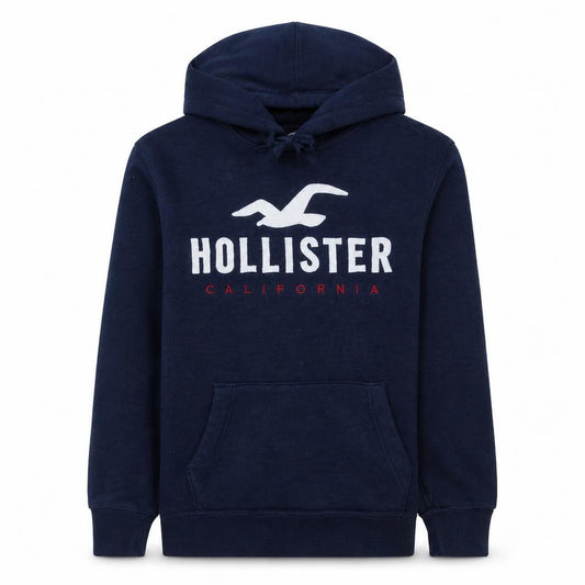 Front view of Hollister Men's Blue Pullover Hoodie XS Regular Fit Logo Fleece