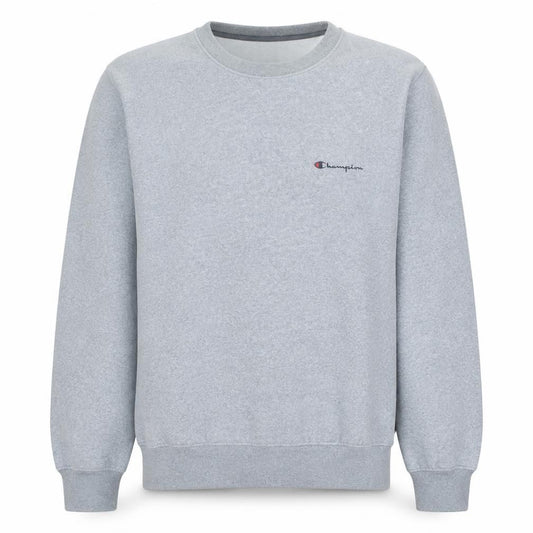 Front view of Champion men’s grey medium crew neck pullover sweatshirt