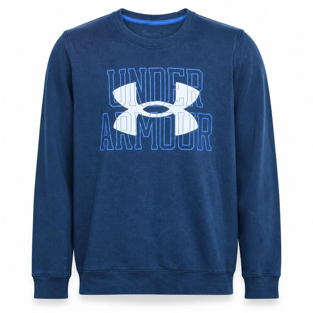 Front view of Under Armour men’s blue small pullover graphic logo sweatshirt
