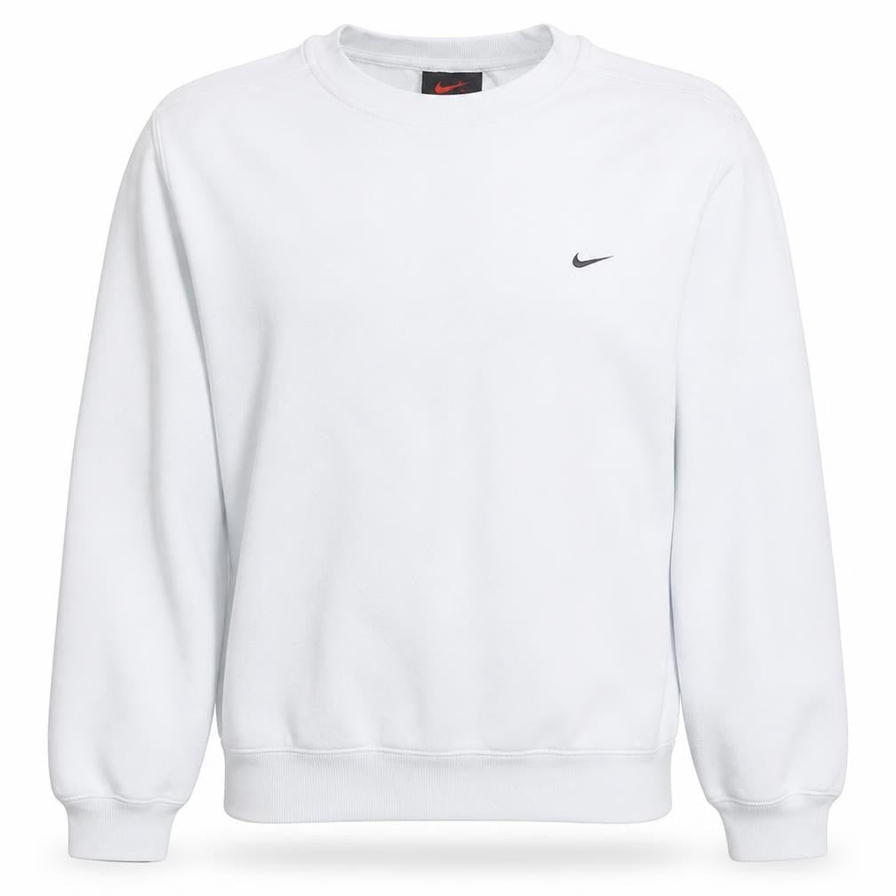 Front view of Nike Men's White Small Crew Neck Fleece Pullover Sweatshirt