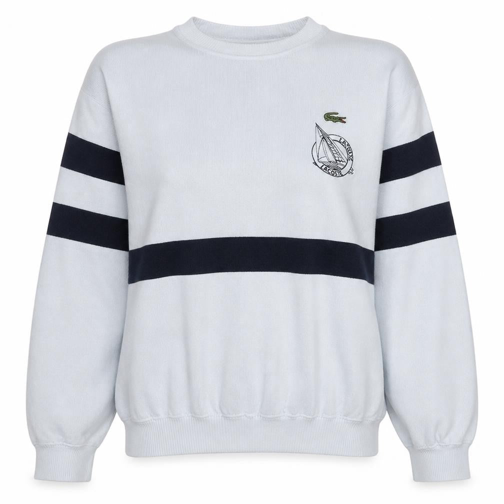 Front view of Lacoste women’s white navy crew neck pullover sweatshirt, size M