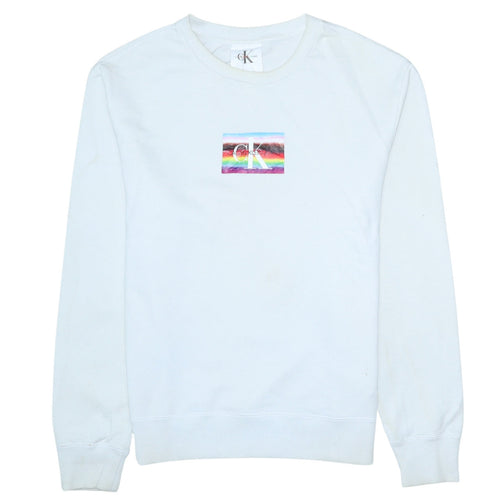 Calvin Klein Jeans Men White Small Pullover Sweatshirt Graphic Logo