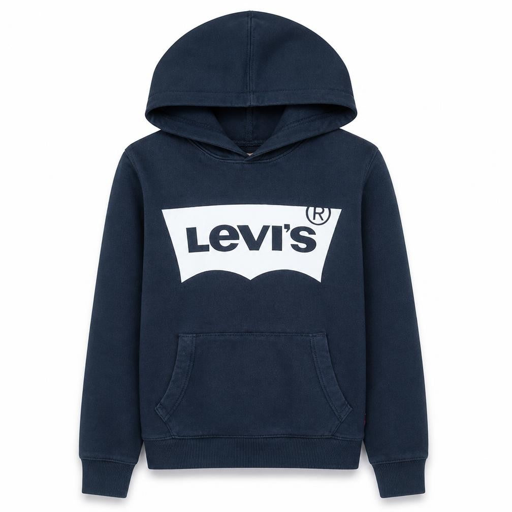 Front view of Levi's boys’ blue pullover hoodie 4 years fleece graphic logo sweatshirt