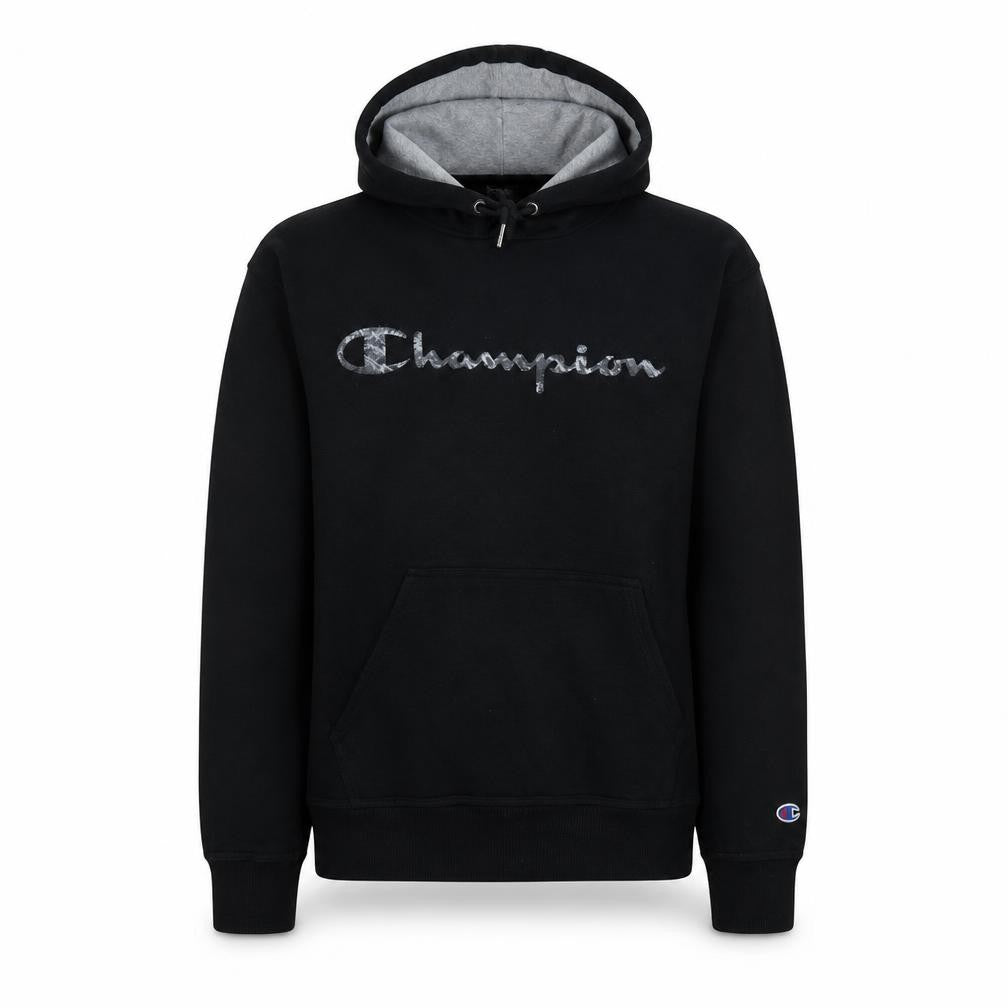 Front view of Champion men’s black pullover hoodie, size S, embroidered logo