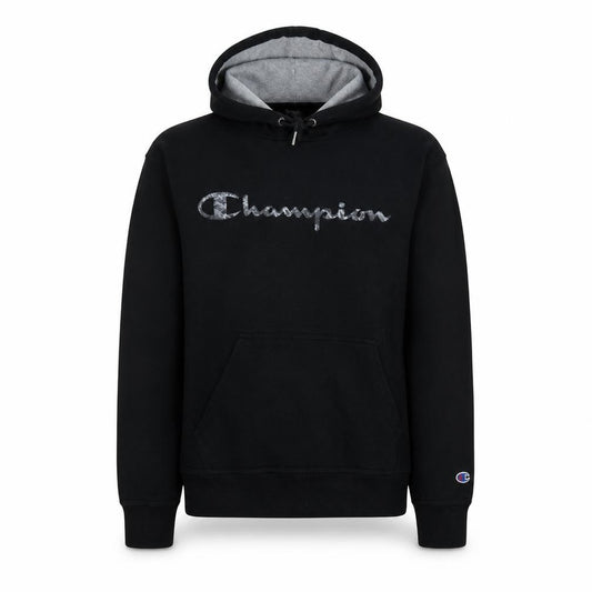 Front view of Champion men’s black pullover hoodie, size S, embroidered logo