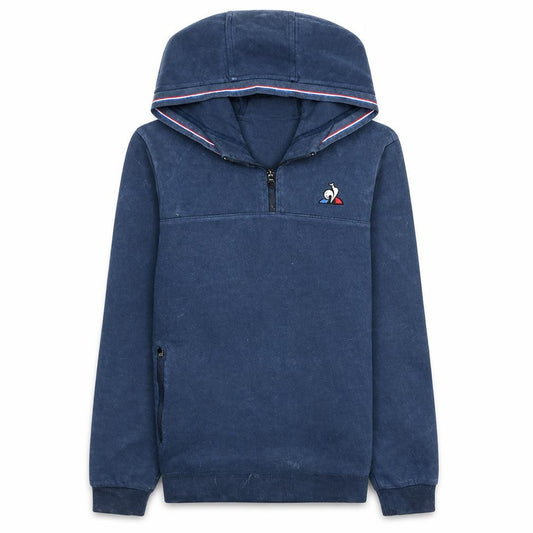Front view of Le Coq Sportif Men's Blue XS Pullover Hoodie with Logo 1/4 Zip