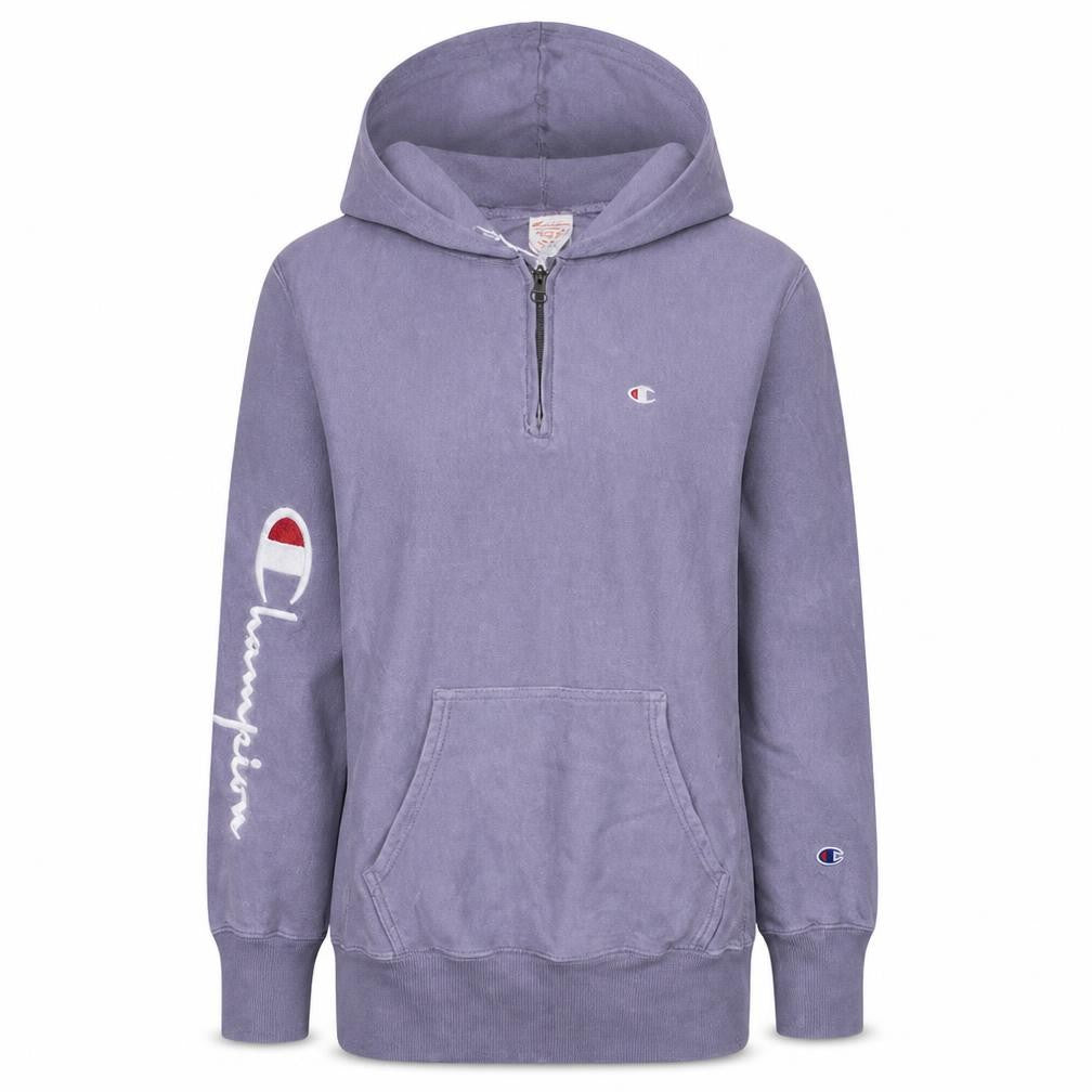 Front view of Champion women’s purple 1/2 zip hooded pullover sweatshirt m