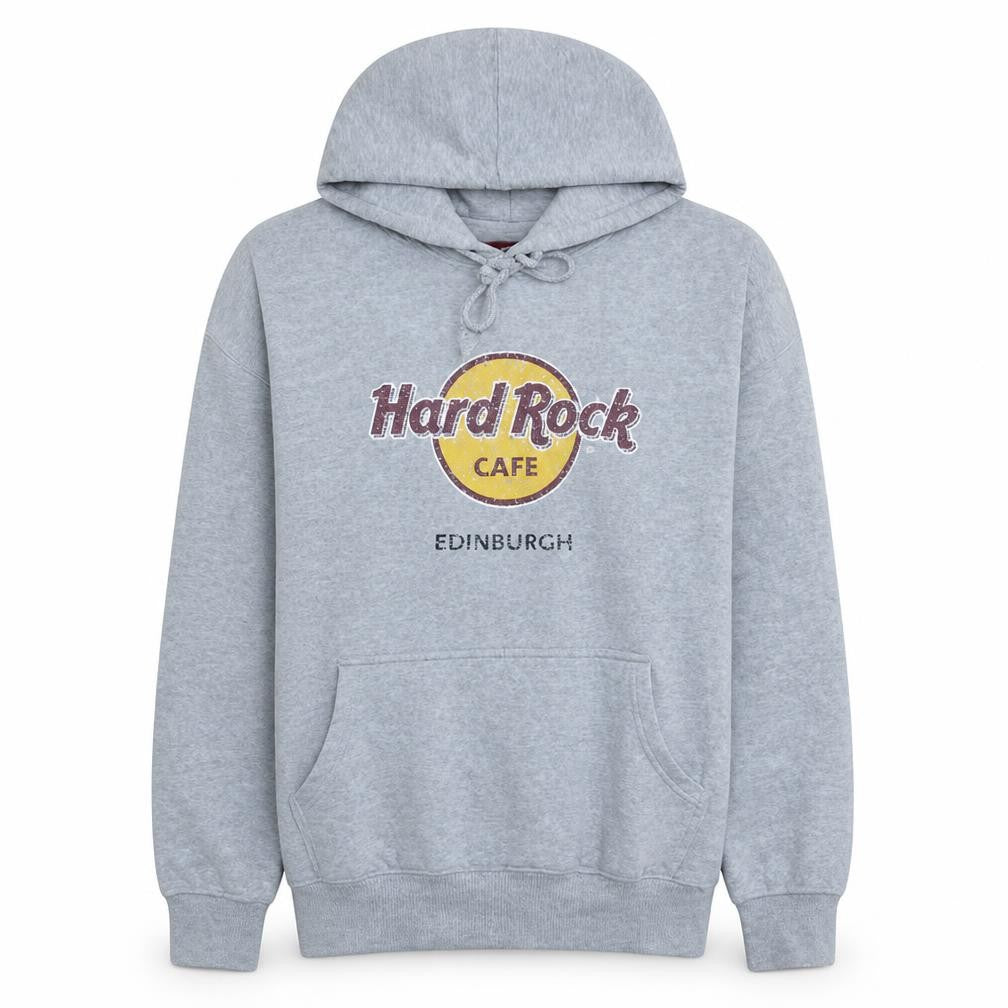 Front view of Hard Rock Cafe Men's Grey Pullover Hoodie Large Music Graphic