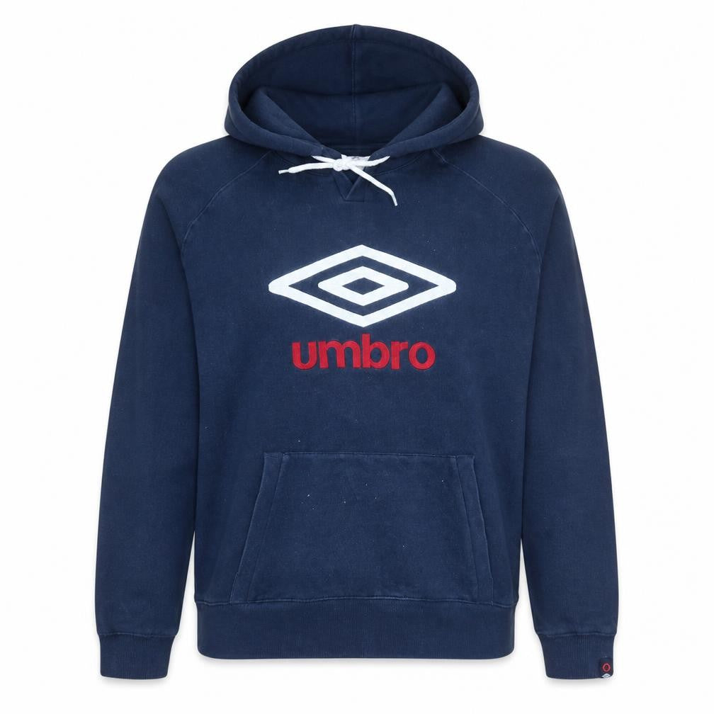 Front view of Umbro women’s navy xxl pullover hoodie with logo and kangaroo pocket