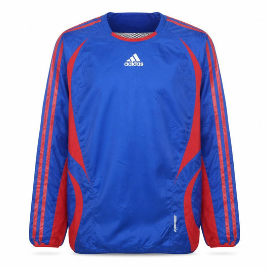 Front view of Adidas men’s blue red pullover sweatshirt s crew neck long sleeve sports top