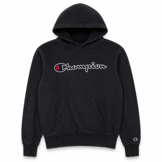Front view of Champion Men's Black Small Pullover Hoodie with Embroidered Logo