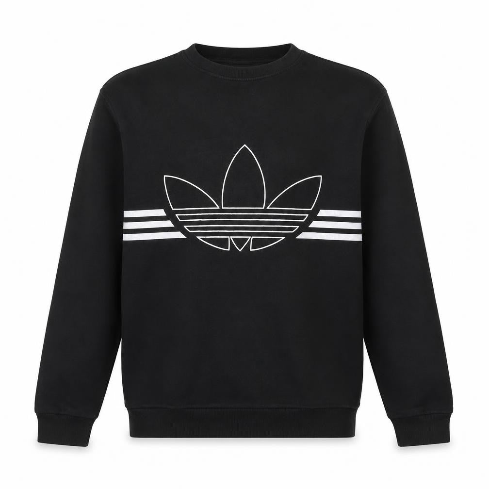 Front view of Adidas men’s black crew neck graphic logo sweatshirt, size M