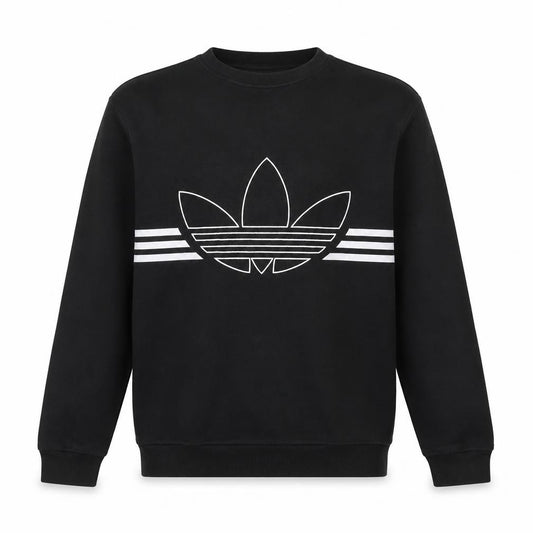 Front view of Adidas men’s black crew neck graphic logo sweatshirt, size M