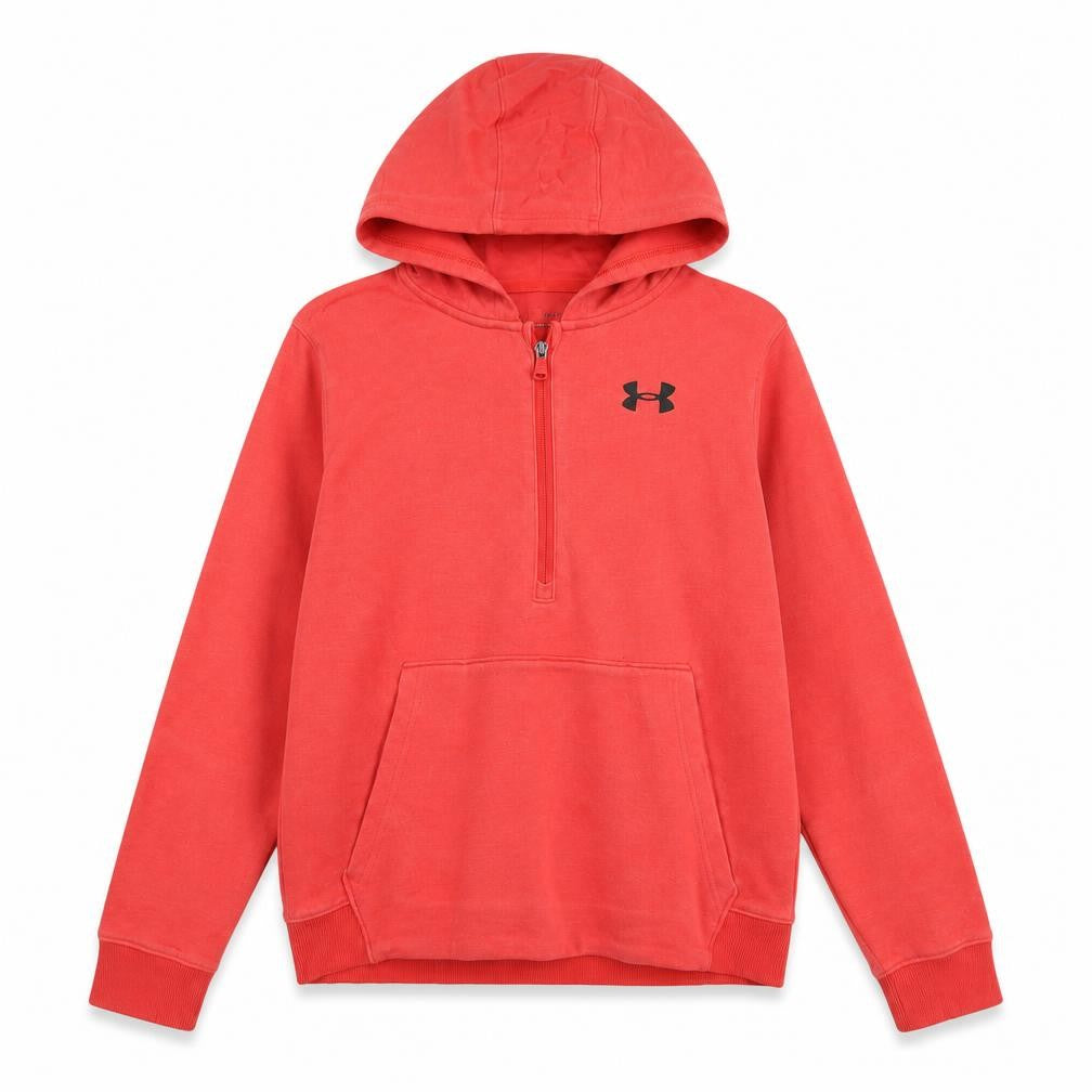 Front view of Under Armour boys’ red 1/4 zip pullover hoodie, size 158