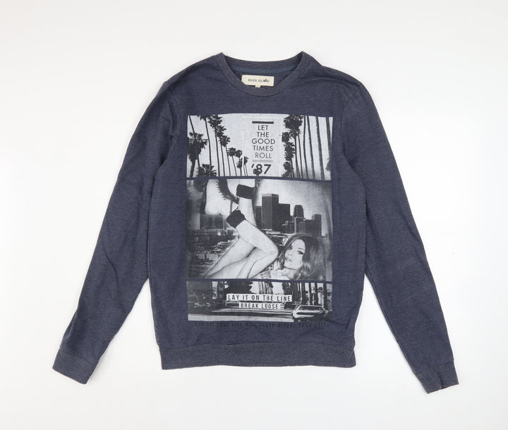 River Island Men's Blue Graphic Print Sweatshirt Size S