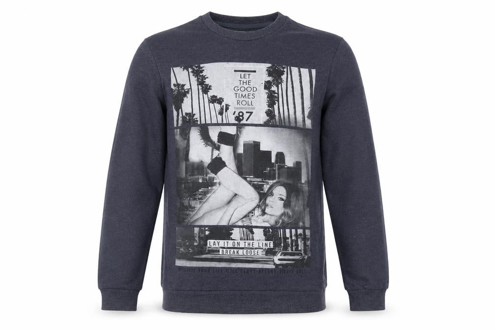 Front view of River Island Men's Blue Graphic Print Sweatshirt, size S