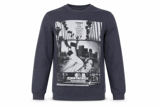 Front view of River Island Men's Blue Graphic Print Sweatshirt, size S