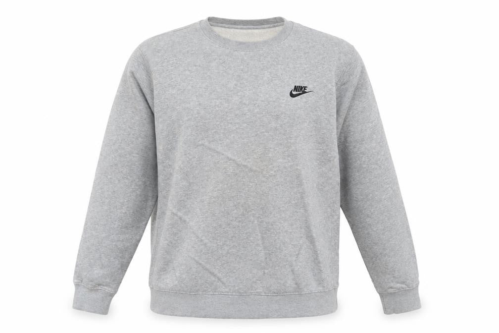 Front view of Nike men’s grey small logo crew neck pullover sweatshirt