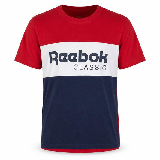 Front view of Reebok Classic Men's Red White Blue Colourblock Cotton T-Shirt, size M