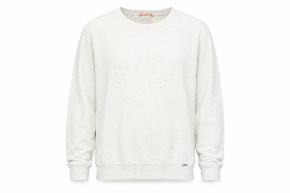 Front view of Hugo Boss Men's Beige Logo Pullover Sweatshirt, size M