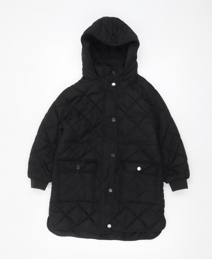 Next Girls Black Quilted Long Hooded Coat 7 Years Winter Jacket