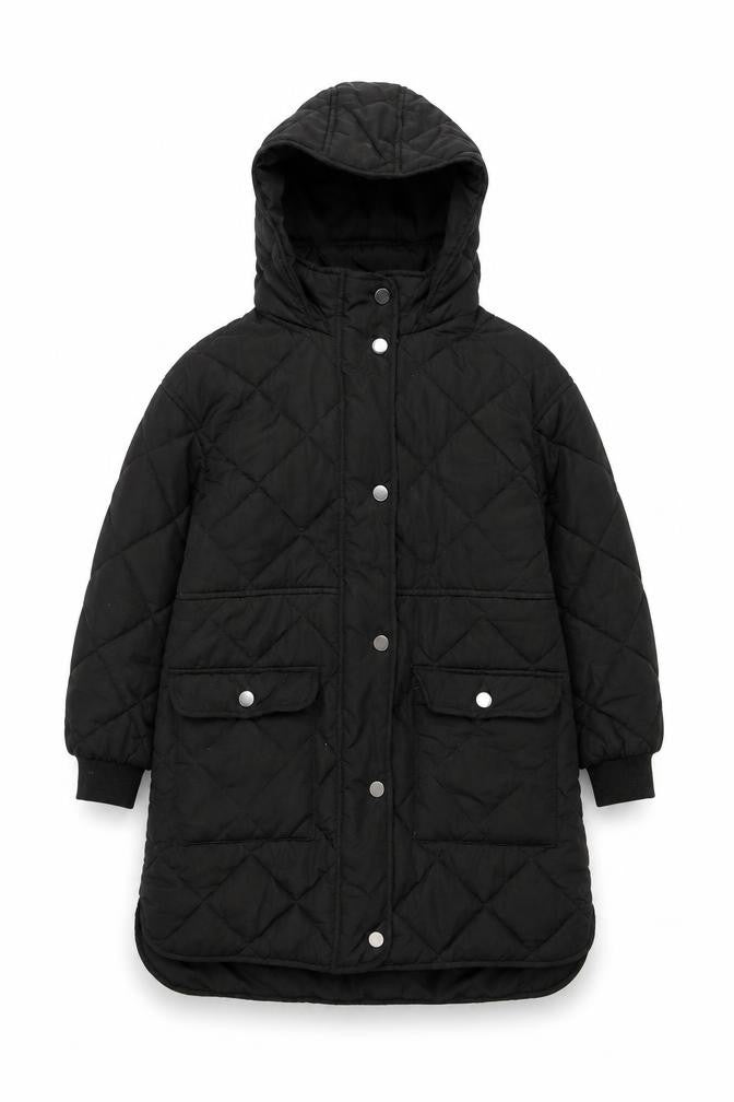 Next Girls Black Quilted Long Hooded Coat 7 Years Winter Jacket