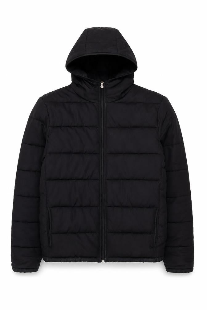 Front view of TRN 1961 Men's Black L Hooded Puffer Jacket Winter Lined Zip