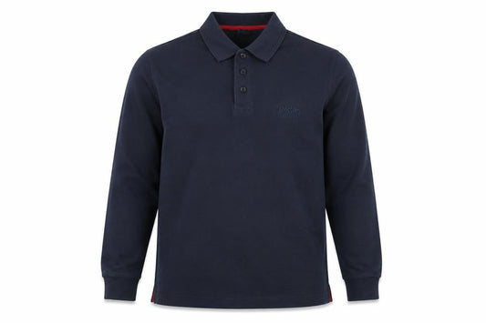 Front view of Cotton Traders Men's Blue Long Sleeve Polo Shirt, size S, 100% Cotton