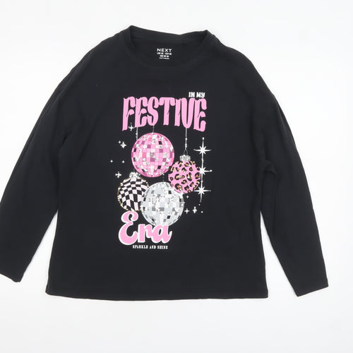 Next Girls Black Festive Era Long Sleeve Cotton T-Shirt - Size 13 Years