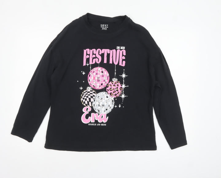 Next Girls Black Festive Era Long Sleeve Cotton T-Shirt - Size 13 Years