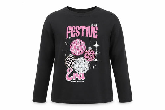 Next Girls Black Festive Era Long Sleeve Cotton T-Shirt - Size 13 Years