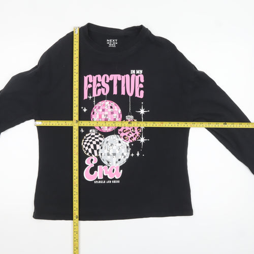 Next Girls Black Festive Era Long Sleeve Cotton T-Shirt - Size 13 Years