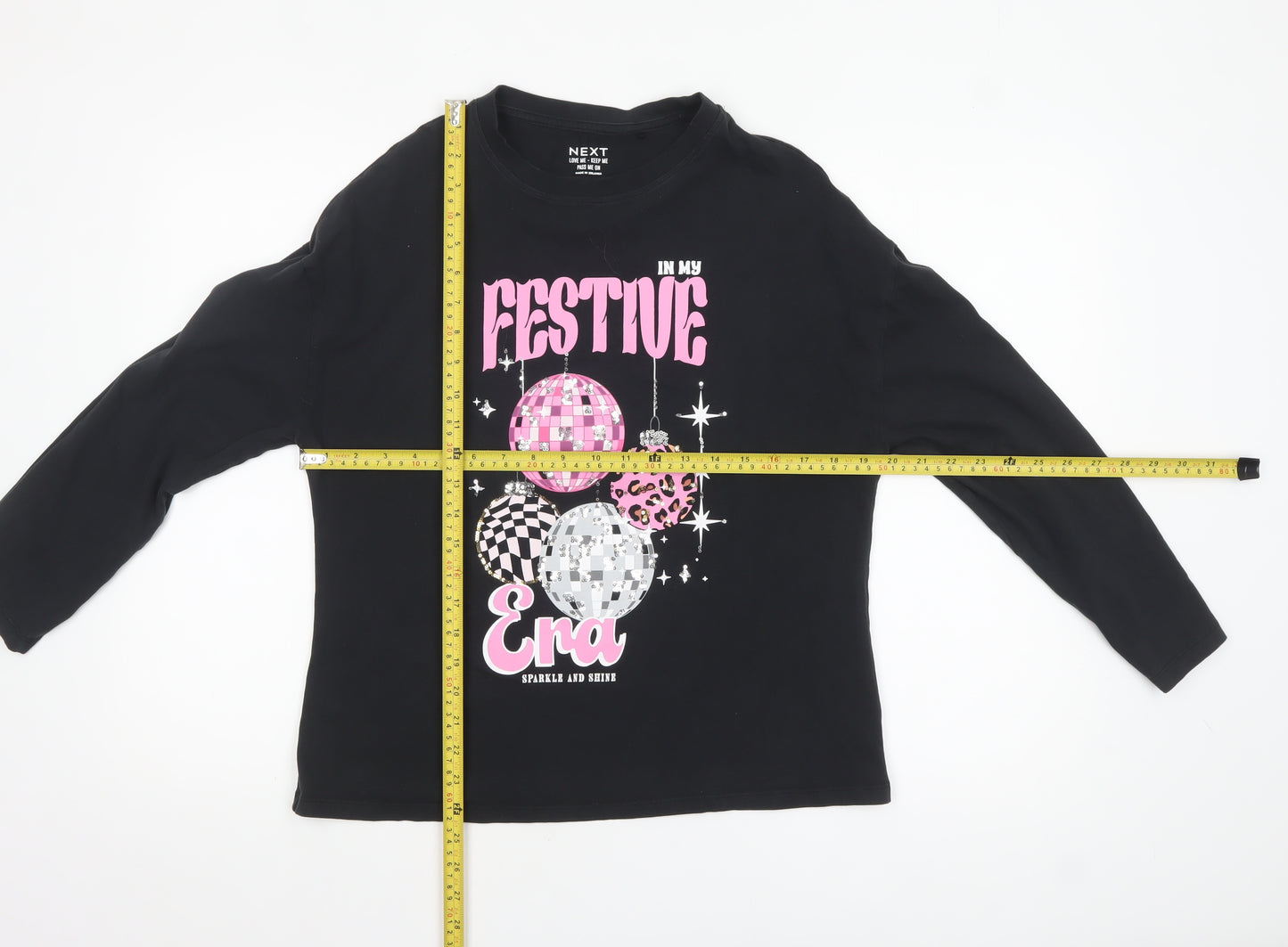Next Girls Black Festive Era Long Sleeve Cotton T-Shirt - Size 13 Years
