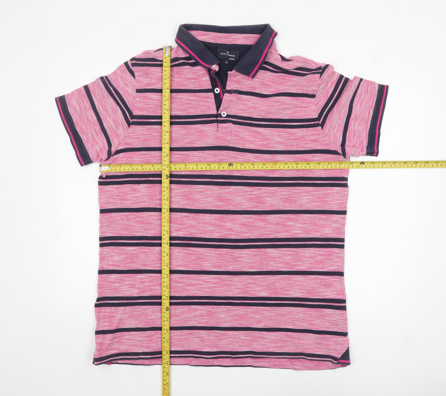 Marks and Spencer Blue Harbour Men's Pink Striped Polo Shirt XL Slim Fit